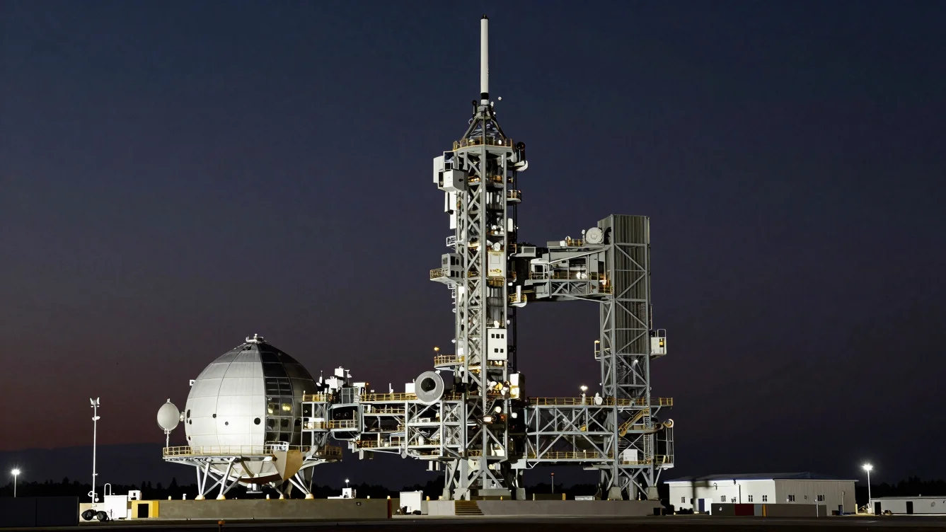 Orbital launch pad at dusk, ultra-wide architectural landscape shot