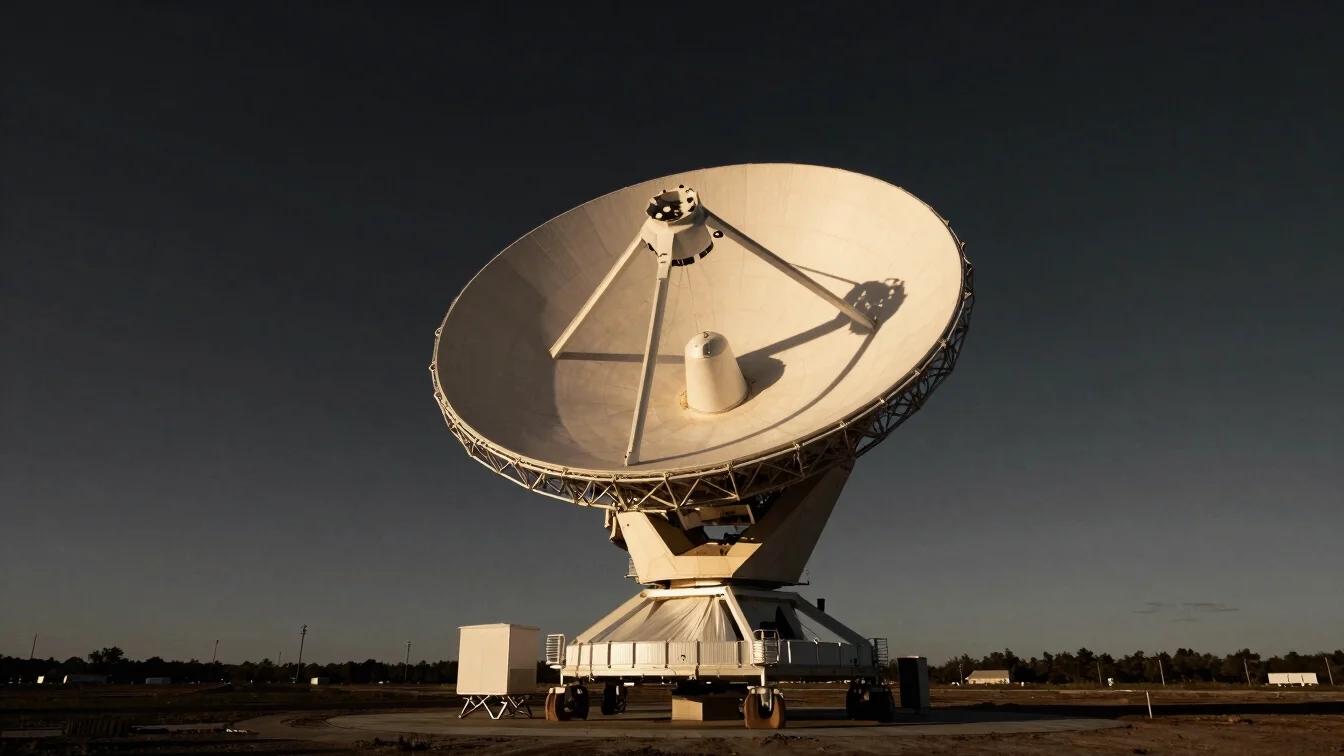 Ground gateway parabolic dish against Asia-Pacific topography, dramatic golden-hour light