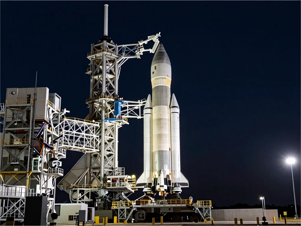 Telephoto shot of Falcon heavy-lift vehicle on orbital launch pad at dusk, stark directional lighting on metallic airfra