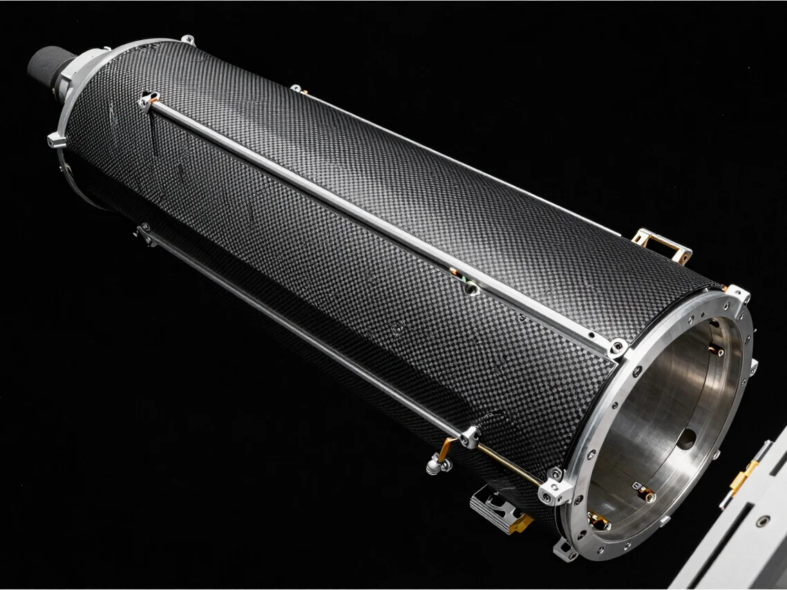 Cleanroom assembly of composite payload fairing half, precise structural carbon weave, clean laboratory illumination.