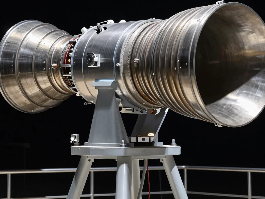 Vacuum-qualified rocket engine nozzle mounted on test stand, stark directional spotlighting on machined alloys.