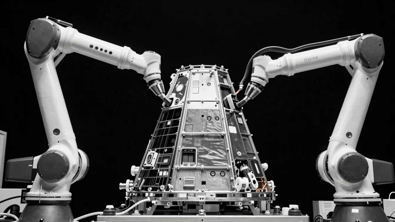Close-up of satellite payload fairing being processed in an ultra-clean laboratory, precise robotic arms, industrial mon