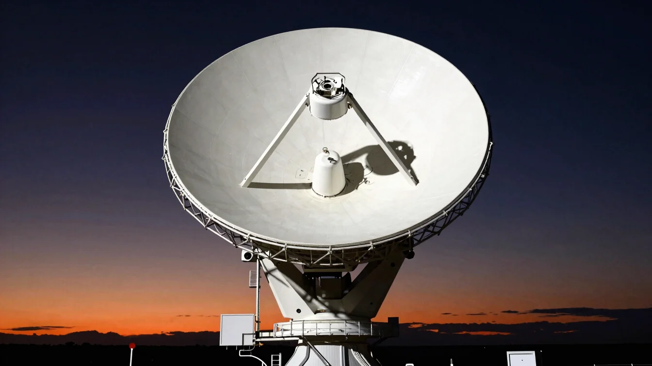 High-contrast image of a ground gateway parabolic dish against a dramatic Asia-Pacific sunrise, with subtle digital tele