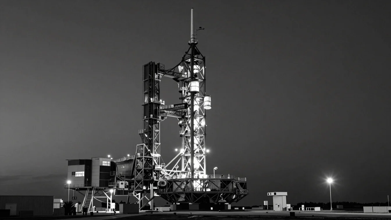 Ultra-wide architectural landscape shot of an orbital launch pad at dusk, with precise laboratory illumination on the ga