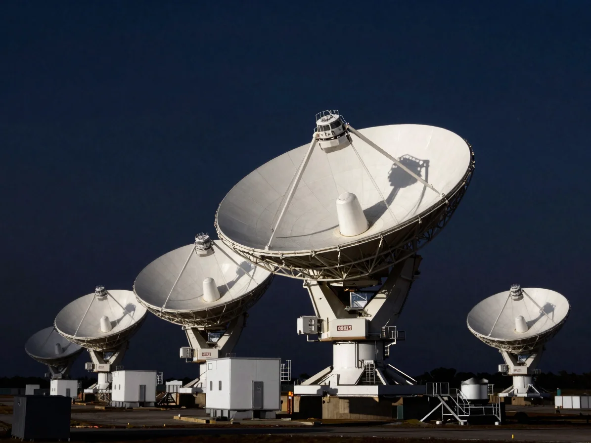 Ultra-wide architectural landscape shot of a satellite ground gateway with parabolic antennas against an Asia-Pacific co