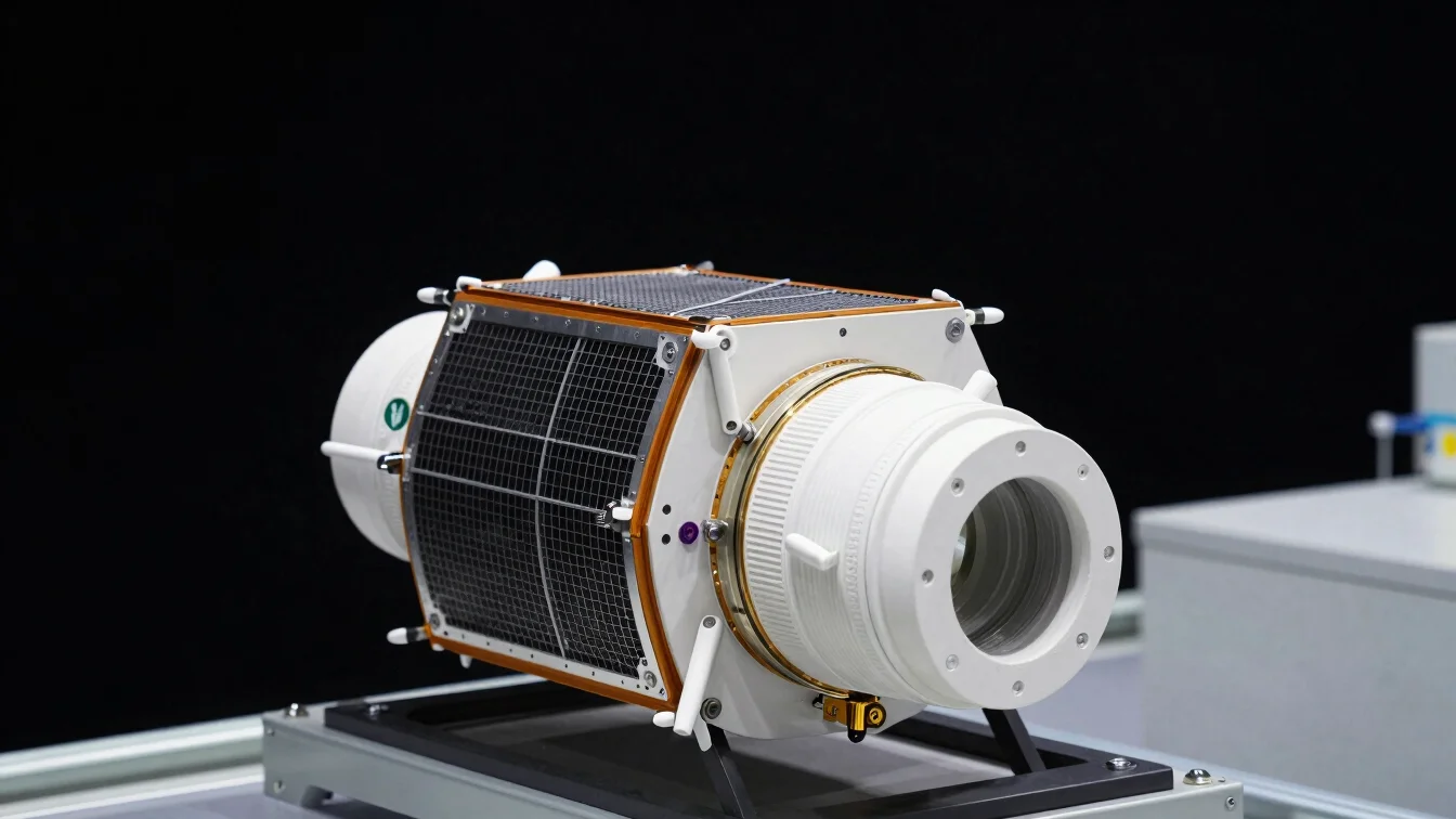 Clean laboratory environment showing satellite payload processing under precise laboratory illumination, technical macro
