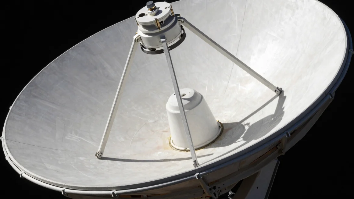 Close-up macro detail of satellite communications terminal hardware with slate metal casing and high-contrast precision.