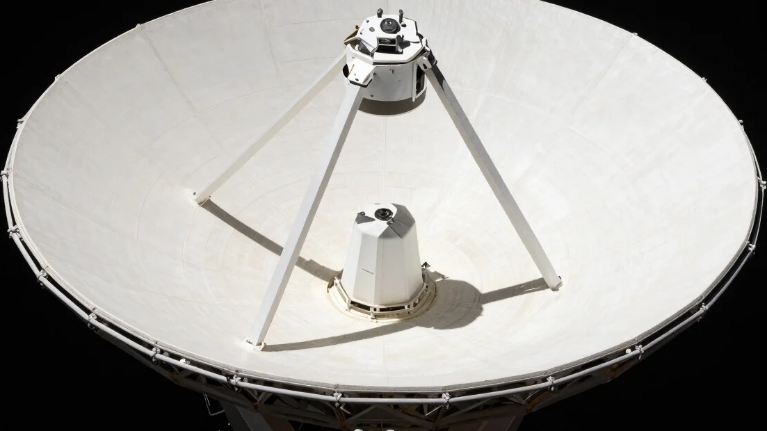High-contrast orbital satellite array dish against deep dark space backdrop, sharp telephoto lens composition.